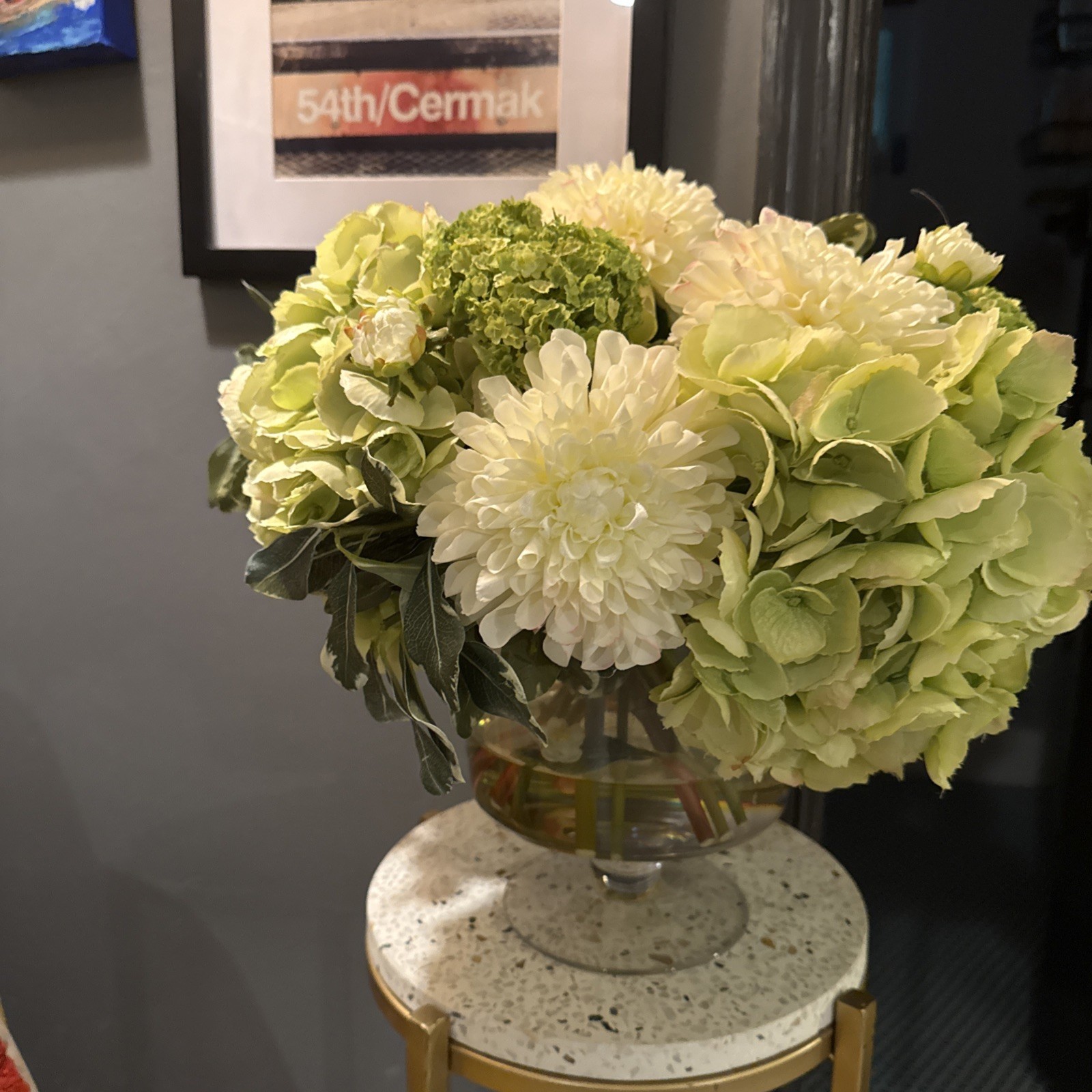 MARTHA STEWART hugh end real touch faux floral bouquet in glass pedestal bowl