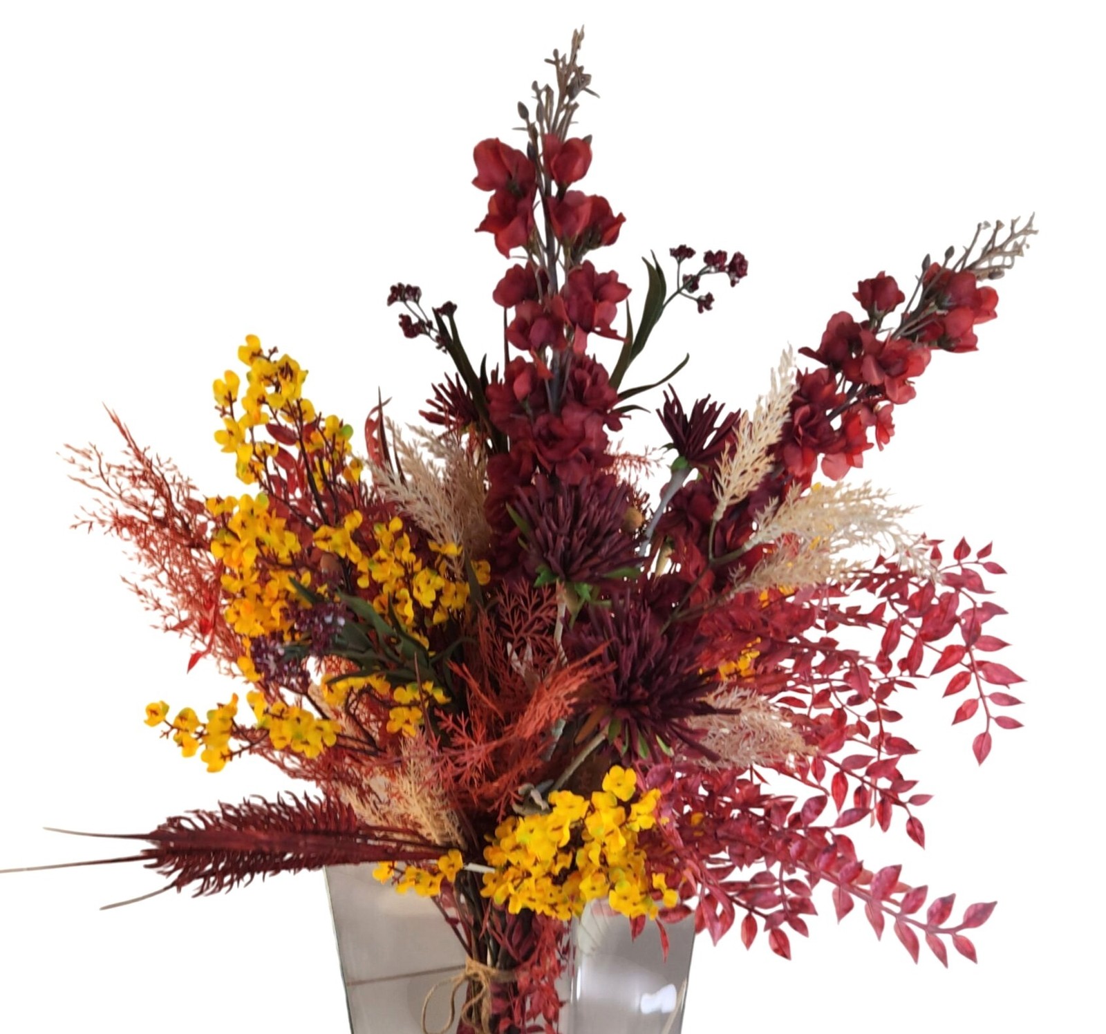 Hand Tied Artificial Flower Bouquet With Dark Reds and Yellow Wildflower mixture