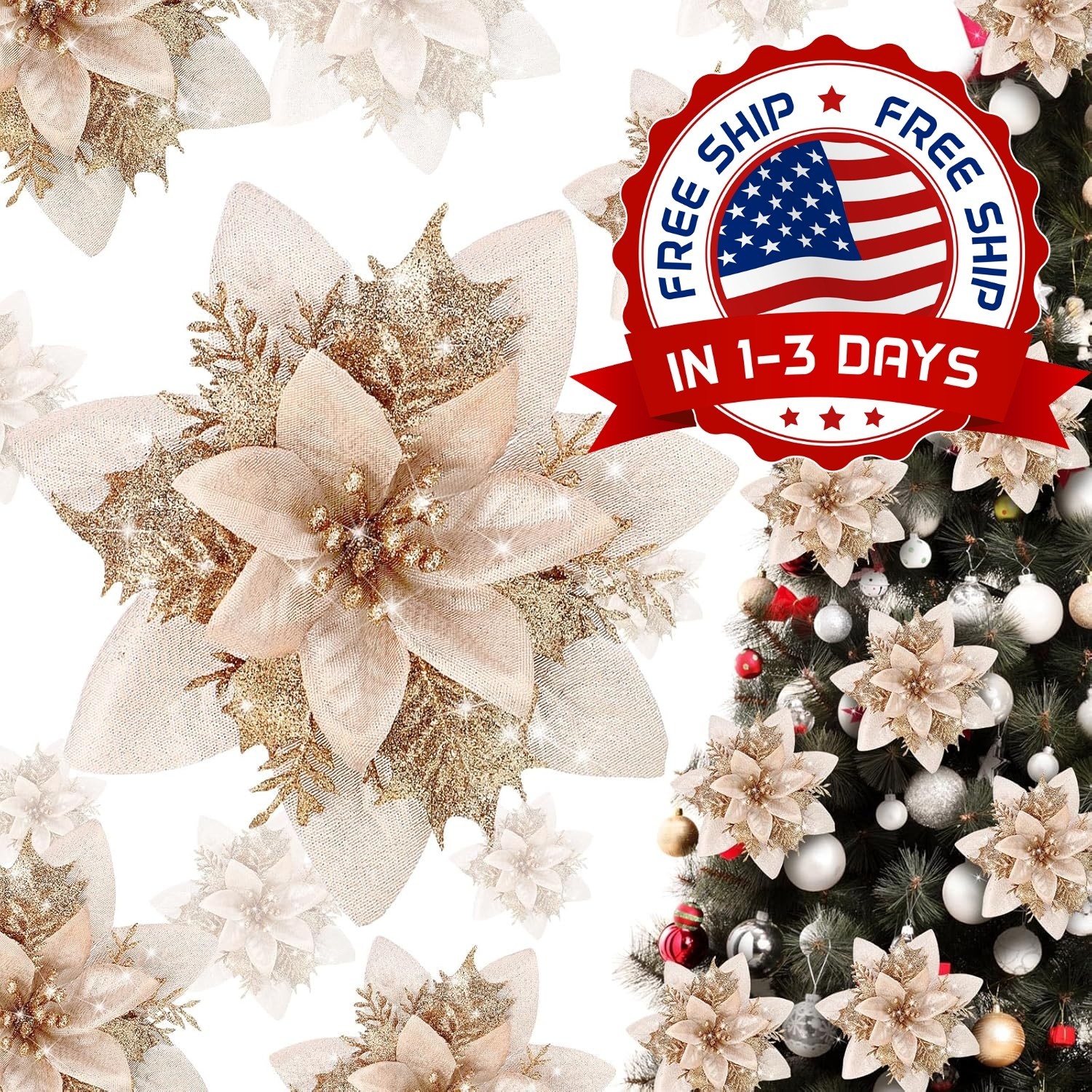 36 Flores De Nochebuena Artificiales Decorativas Con Clips, Oro Champán NEW US.