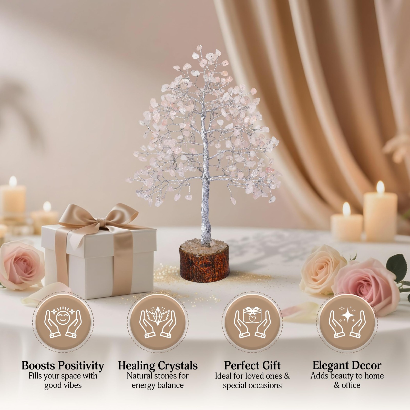 FASHIONZAADI Rose Quartz Crystal Tree, Silver Wire Feng Shui Gemstone Decor, …