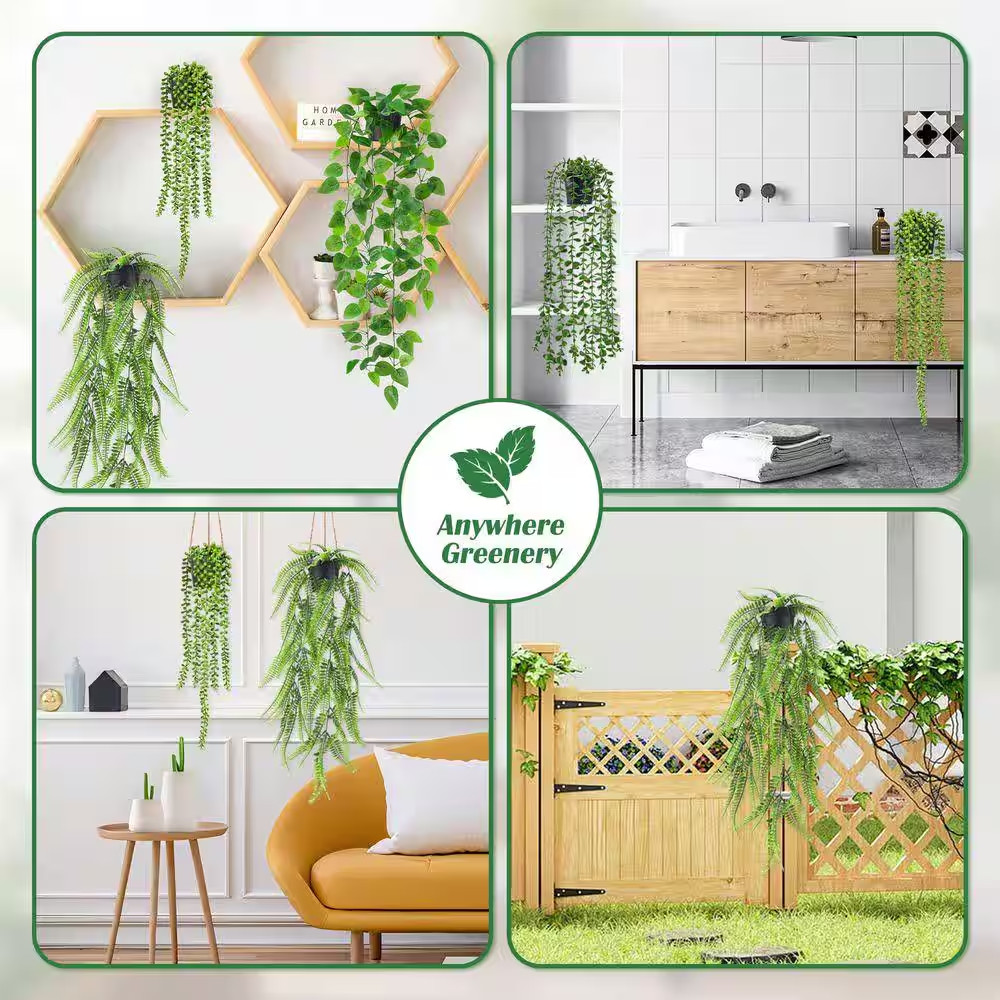 34 In. X 7.5 In. Green Artificial Hanging Plants Wall Sign Set with Plastic Mate
