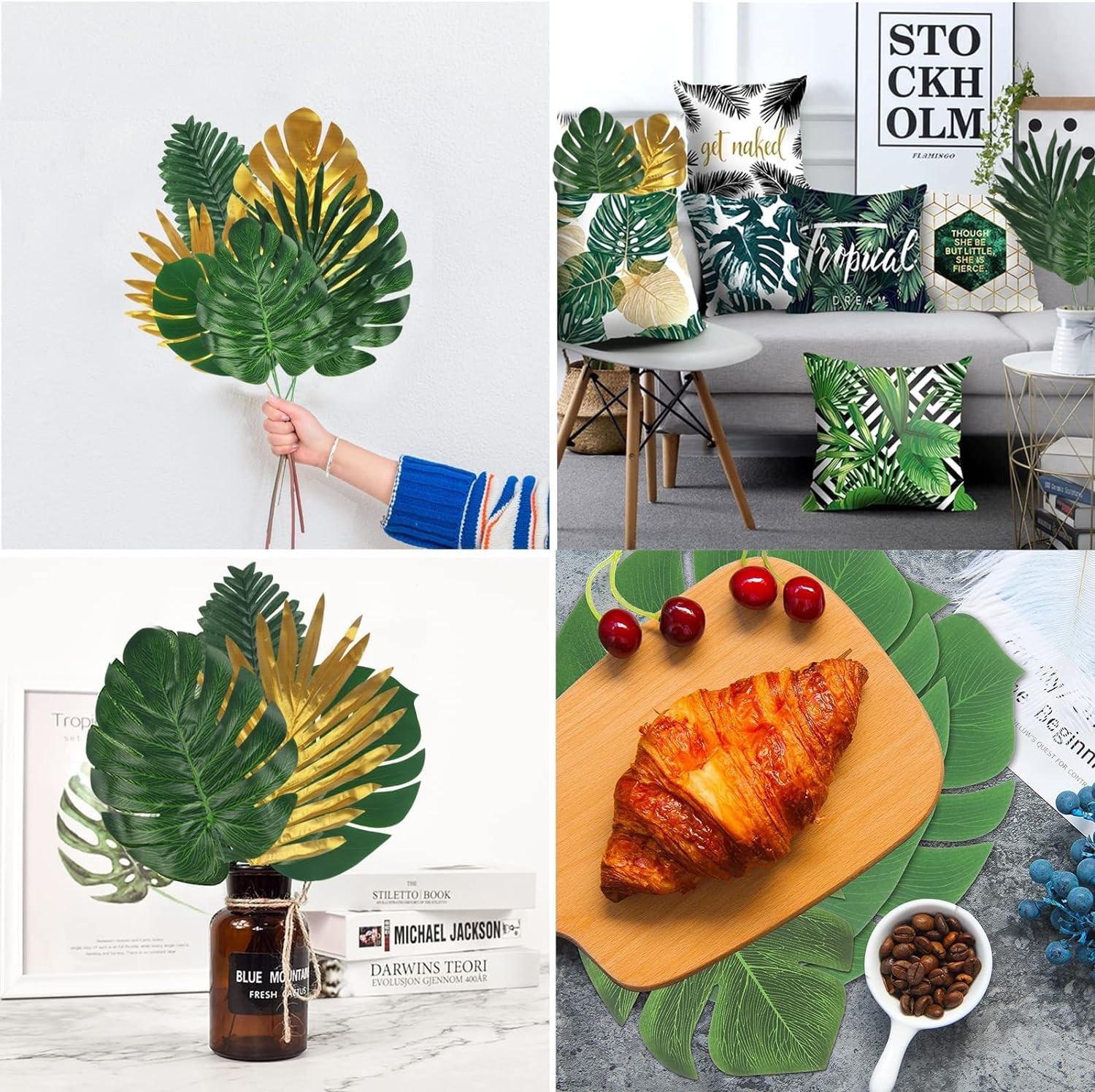 72 Pieces 10 Kinds Artificial Palm Leaves Golden Tropical Leaves with Stems