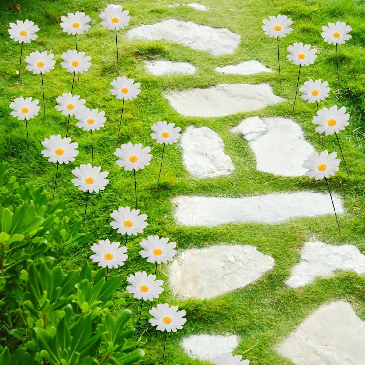 Demonwer 20 Pcs Daisy Garden Stakes Decor White Daisy Flower Garden Stakes Iron