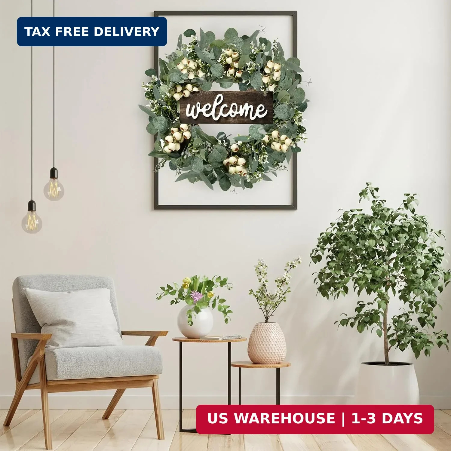 Sggvecsy Green Artificial Eucalyptus Wreath with Welcome Sign 20in Spring Summer