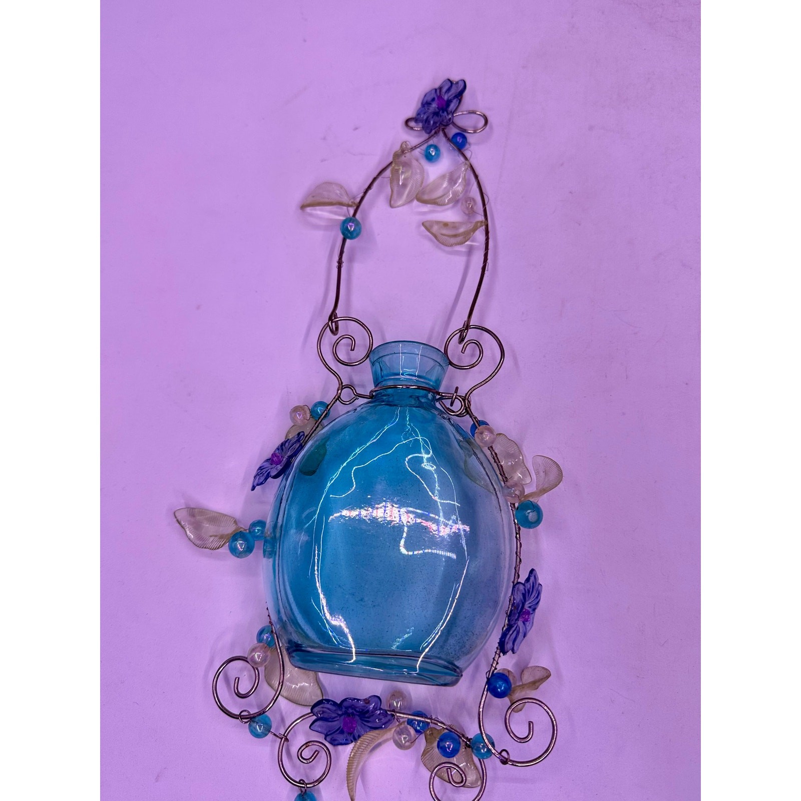 Vintage Blue Floral Glass Hanging Vase