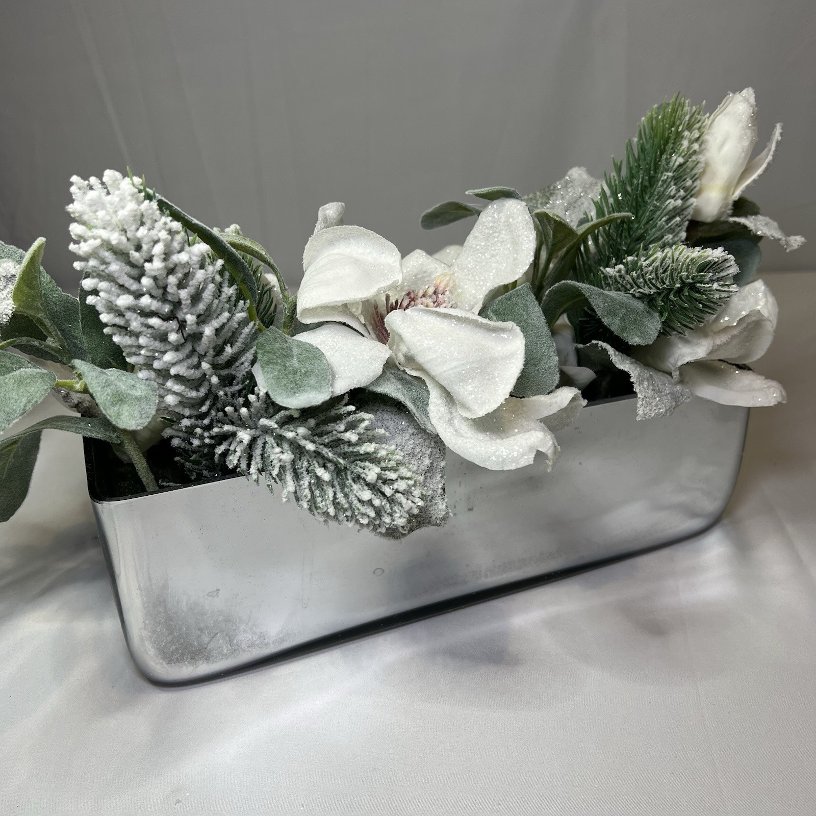 Christmas Magnolia Table Centerpiece Silver Planter Frosted Foliage $75 Winter