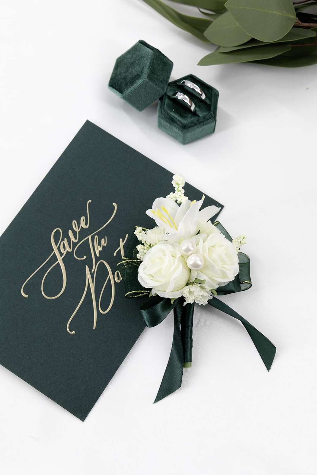 White Rose Corsage and Boutonniere Set, Prom Flower Wrist Corsage Wristlet Ba…
