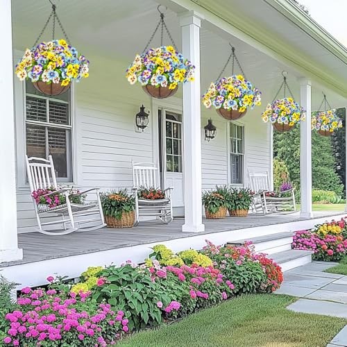 Pansies Fake Hanging Plants Pansy Flowers & Basket for Outdoor Outside