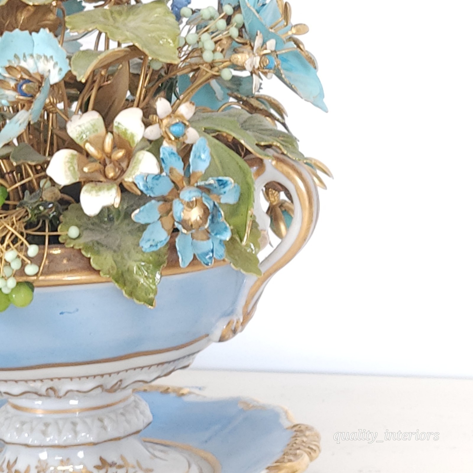 Pair Jane Hutcheson for Gorham Blue 2 Handled Teacup & Saucer Floral Arrangement