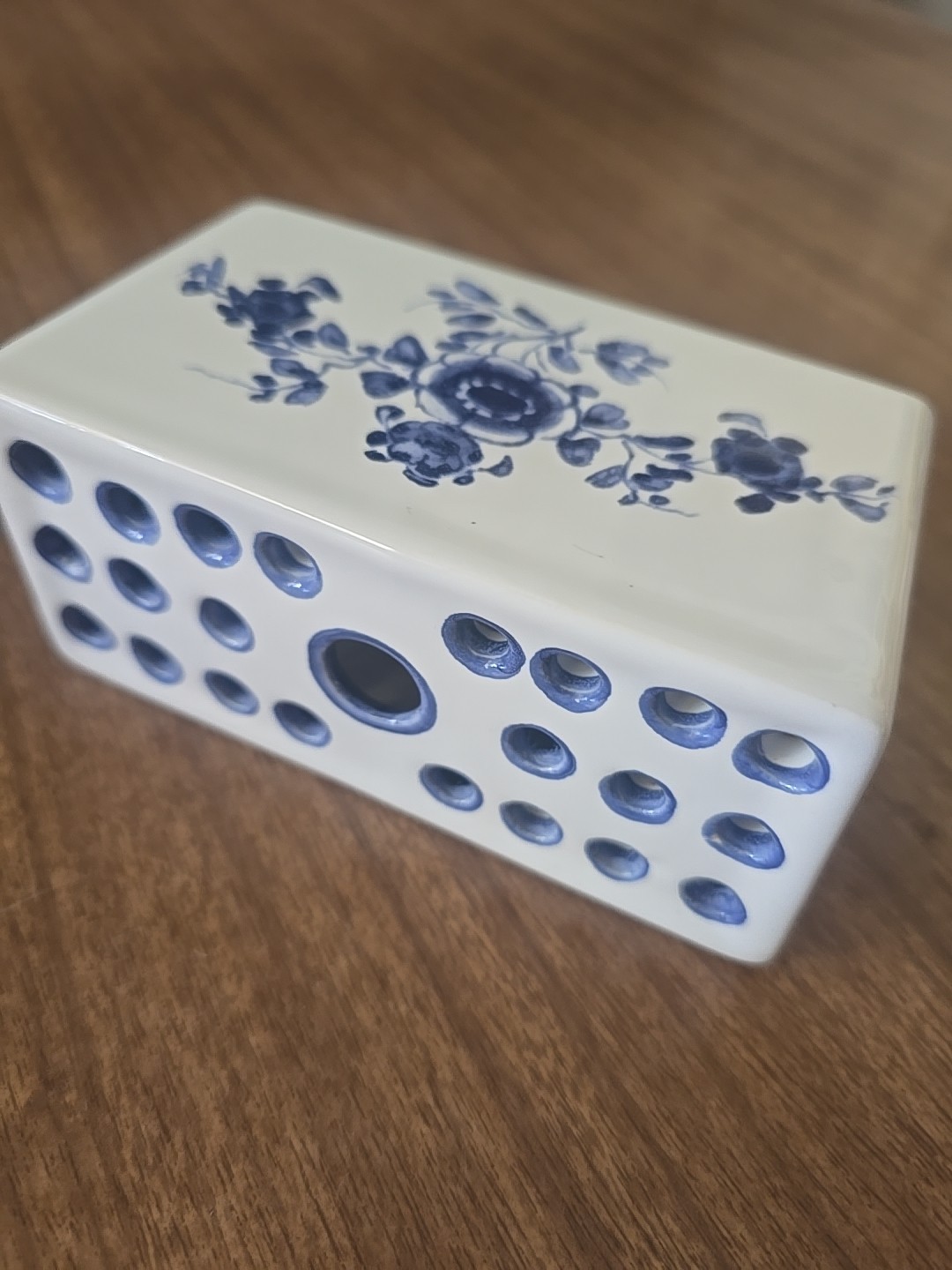Hand Painted Ceramic Blue and White Flower Frog Vase, 1992 Made in Portugal