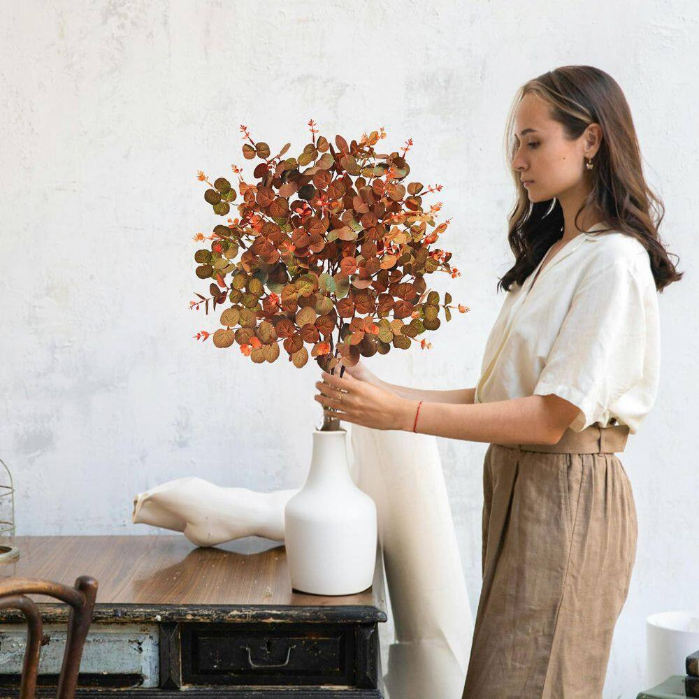 15 In. Fall Series 31 In. Orange Brown Artificial Eucalyptus Leaf Branch Stem fo