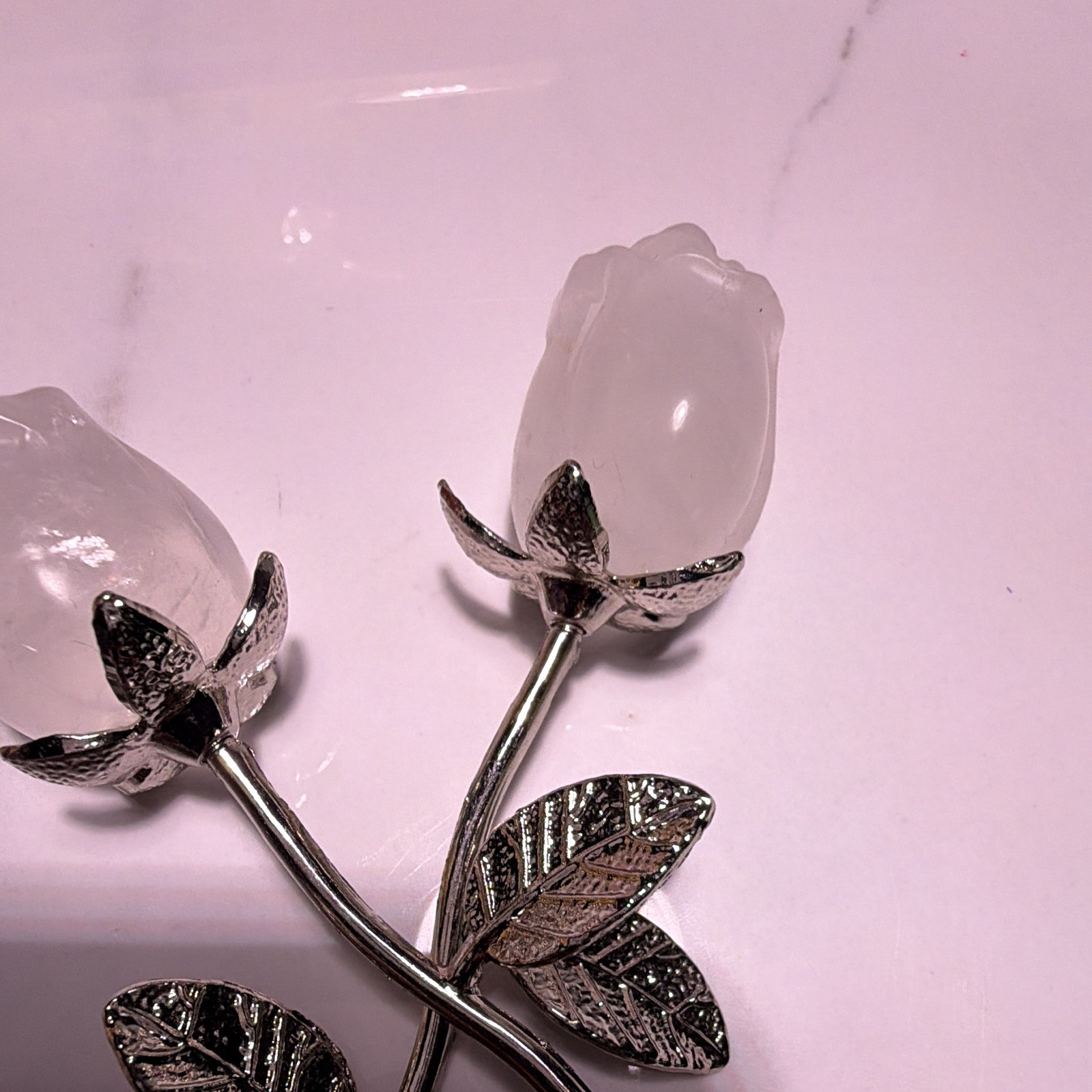 Artificial White Rosebud Decorative Flower Arrangement, Metal with Silver Leaves