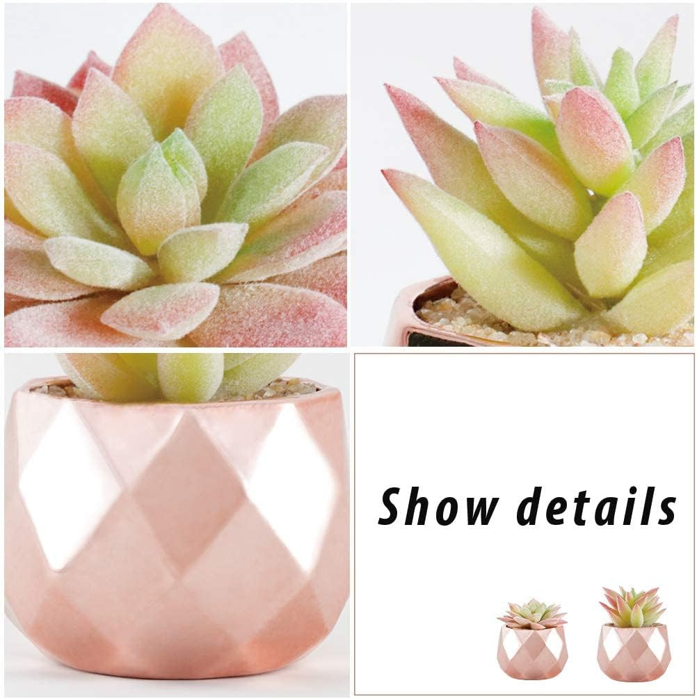 Artificial Faux Succulents in Pots, Mini Rose Gold Fake Plants for Women Desk…