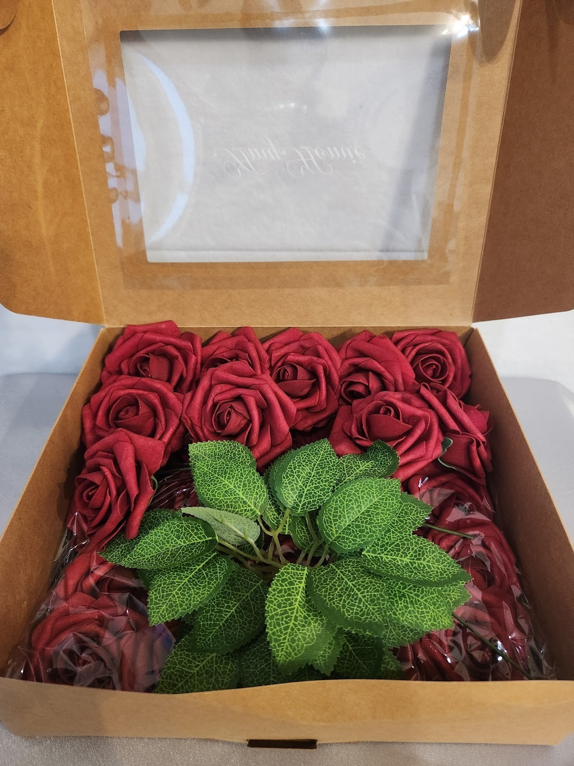 35pcs Artificial Flowers Foam Roses with Stems and 6 leaf pieces NEW open box