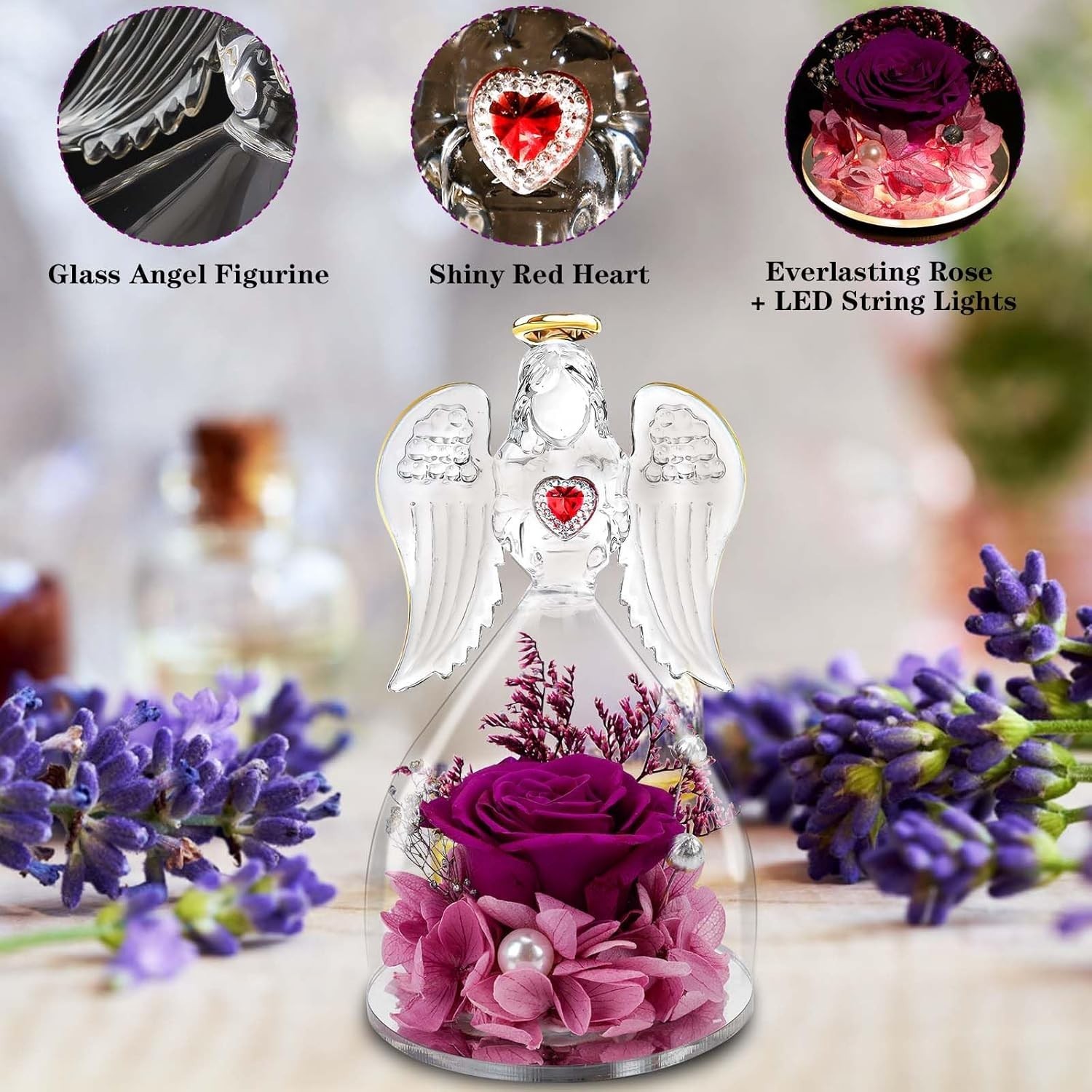 “Mothers Day Mom Gifts for Her,Preserved Flowers Rose in Glass Angel Figurines,B