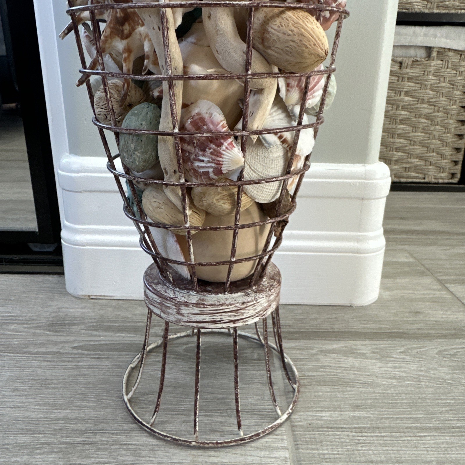 Beach Decore, Decorative Cage With Real Shells And Dried Ocean Plants Theme