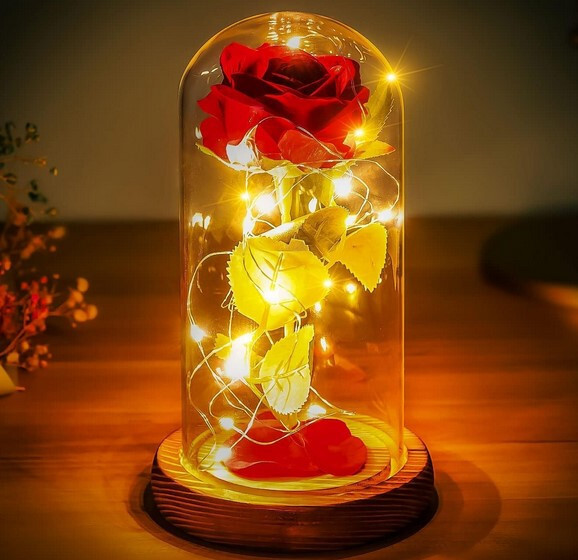 Premium Rose in Glass Dome Beautiful Fairy Lights- Beauty and The Beast Inspired