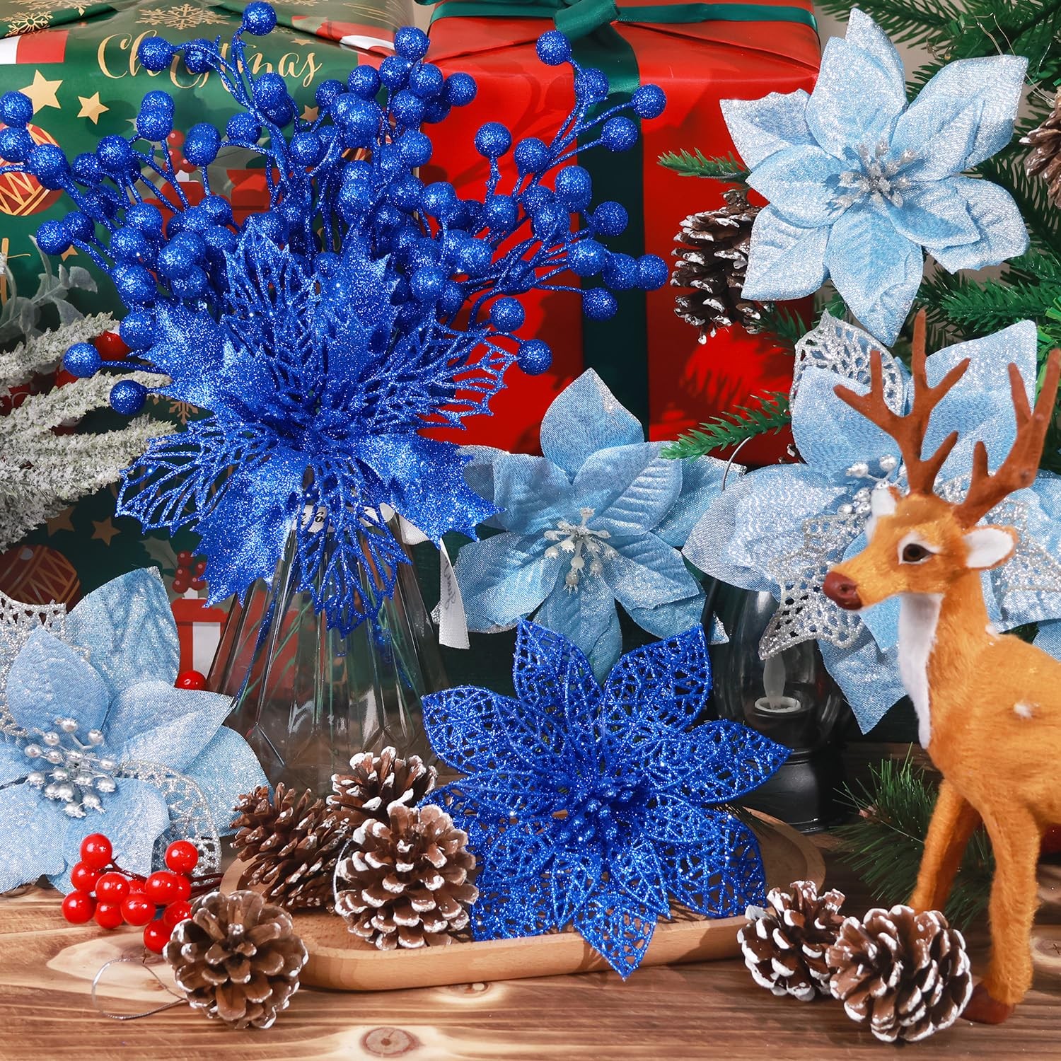 56 Pcs Christmas Decorations, 4 Styles Poinsettias Artificial Christmas Flowe…