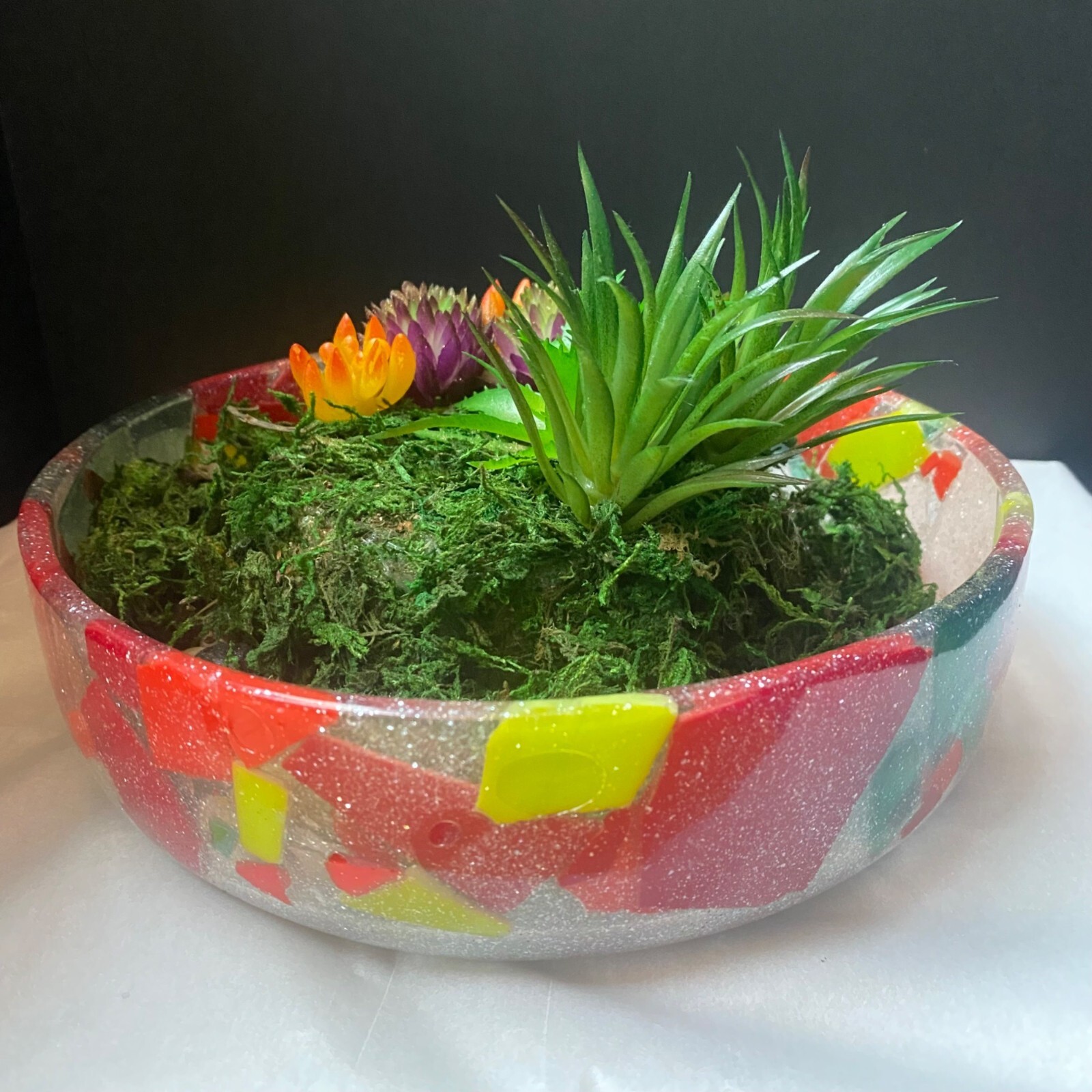 Artificial Succulent Garden In Handmade Resin Mosaic Bowl Decor
