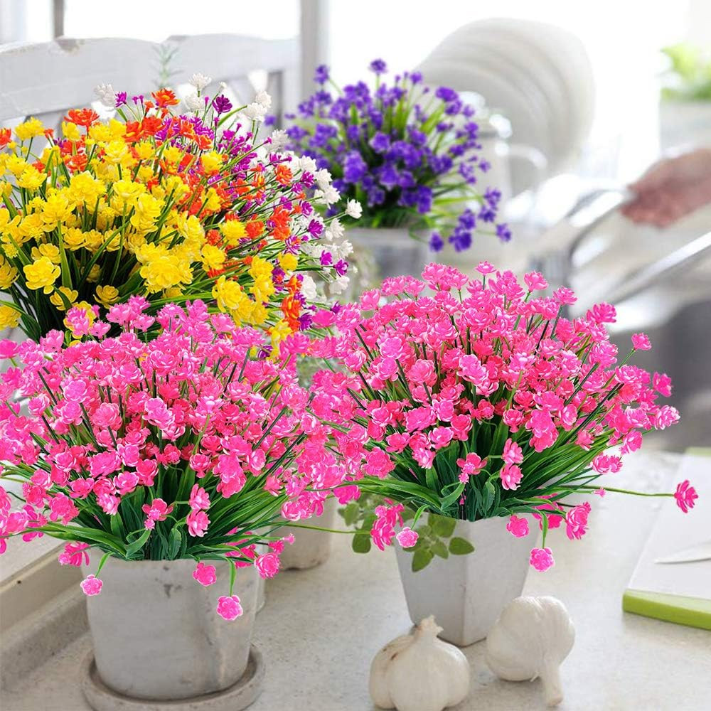 8 Bundles Outdoor Artificial Fake Flowers UV Resistant Shrubs Plants, Faux Plast