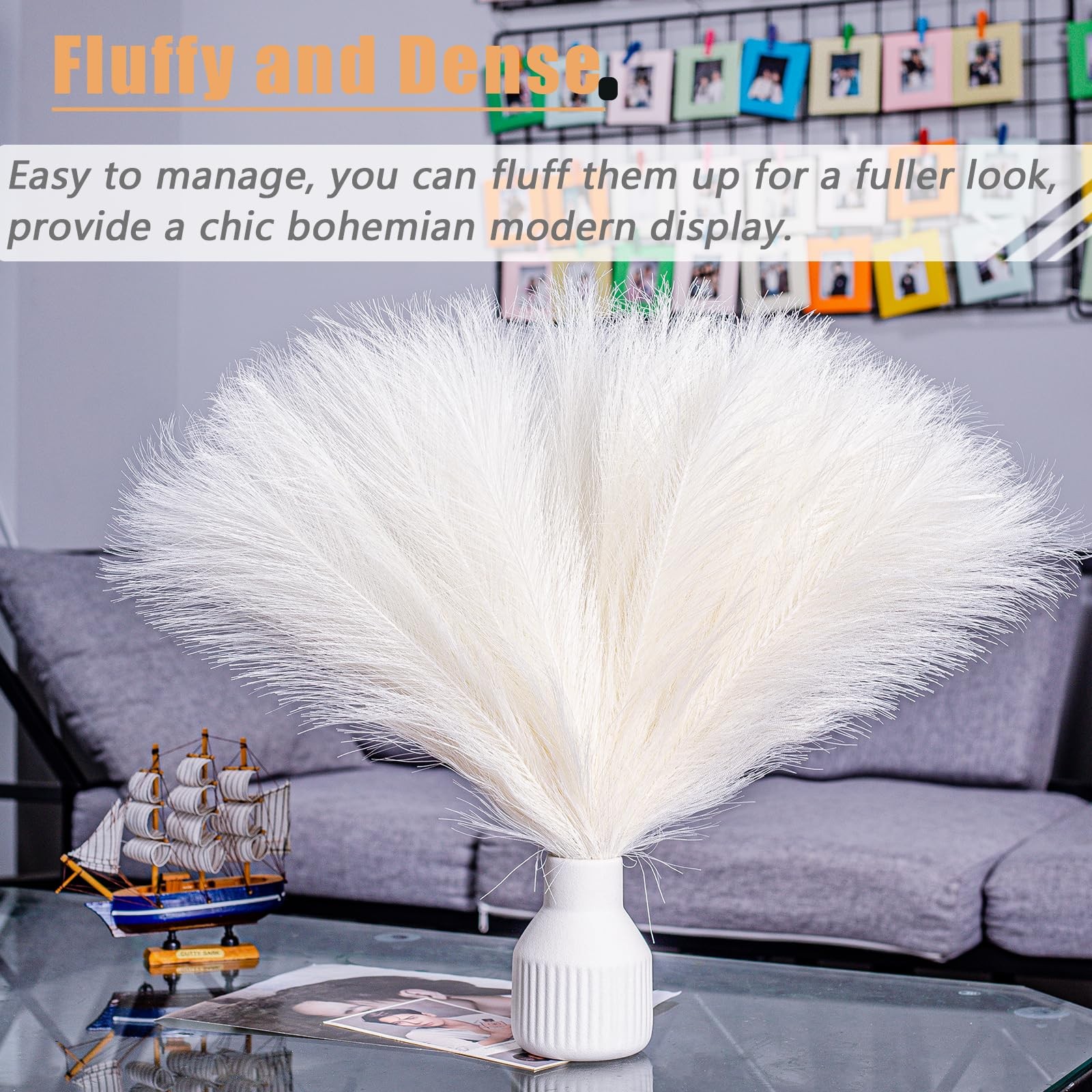 10 Stems White Pampas Grass Fluffy – 17.7″ Faux Pampas Grass Decor Small Fluf…