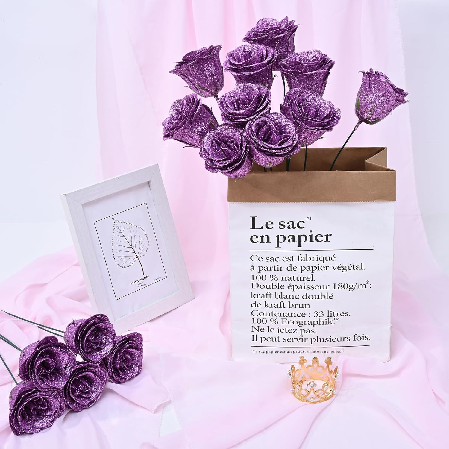 24 Lilac Glitter Roses Bouquet, DIY Fake Flowers, Everlasting, Valentines, Gift