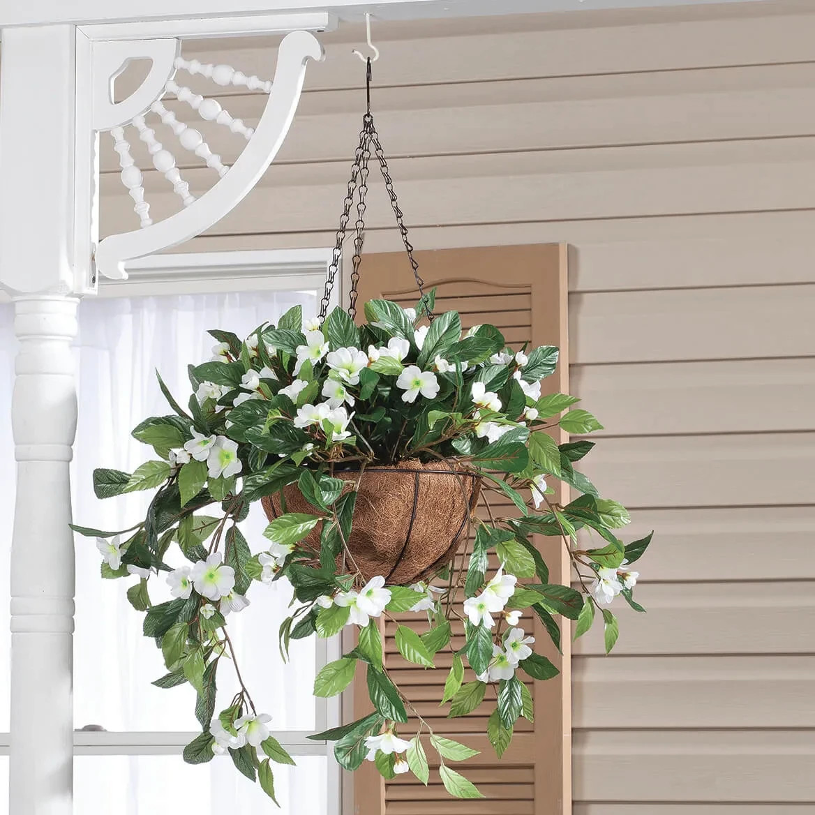 Large Artificial White Impatiens Hanging Basket Indoor Outdoor Patio Yard Decor