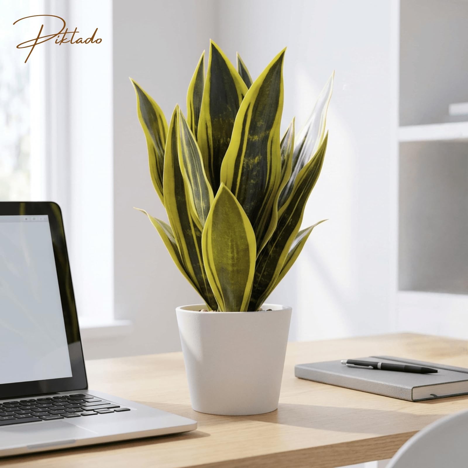 Artificial Snake Plants White Pot 15.5 Inch Sansevieria Green Yellow1 Decor
