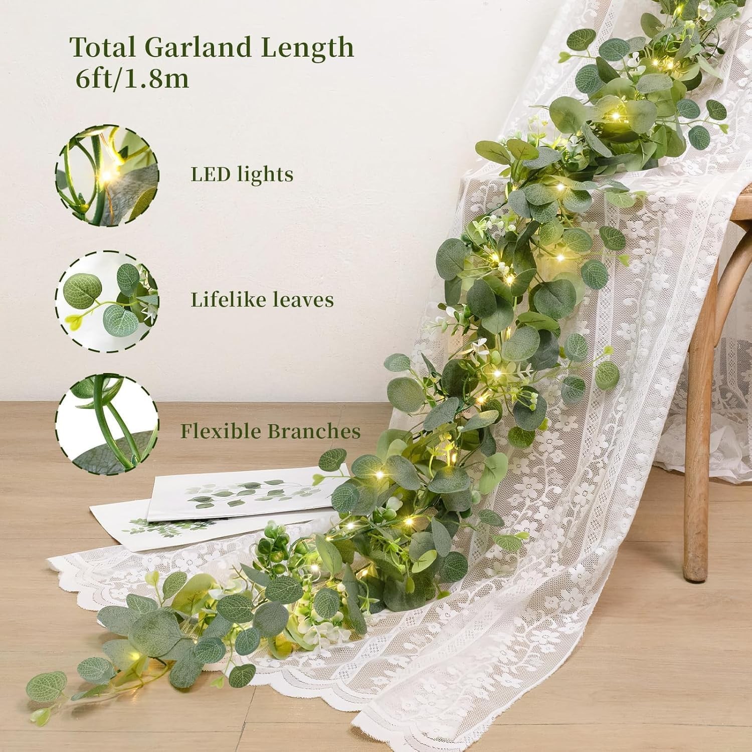 N&T NIETING 6 Pack Artificial Eucalyptus Garland with Lights, 6FT Artificial …