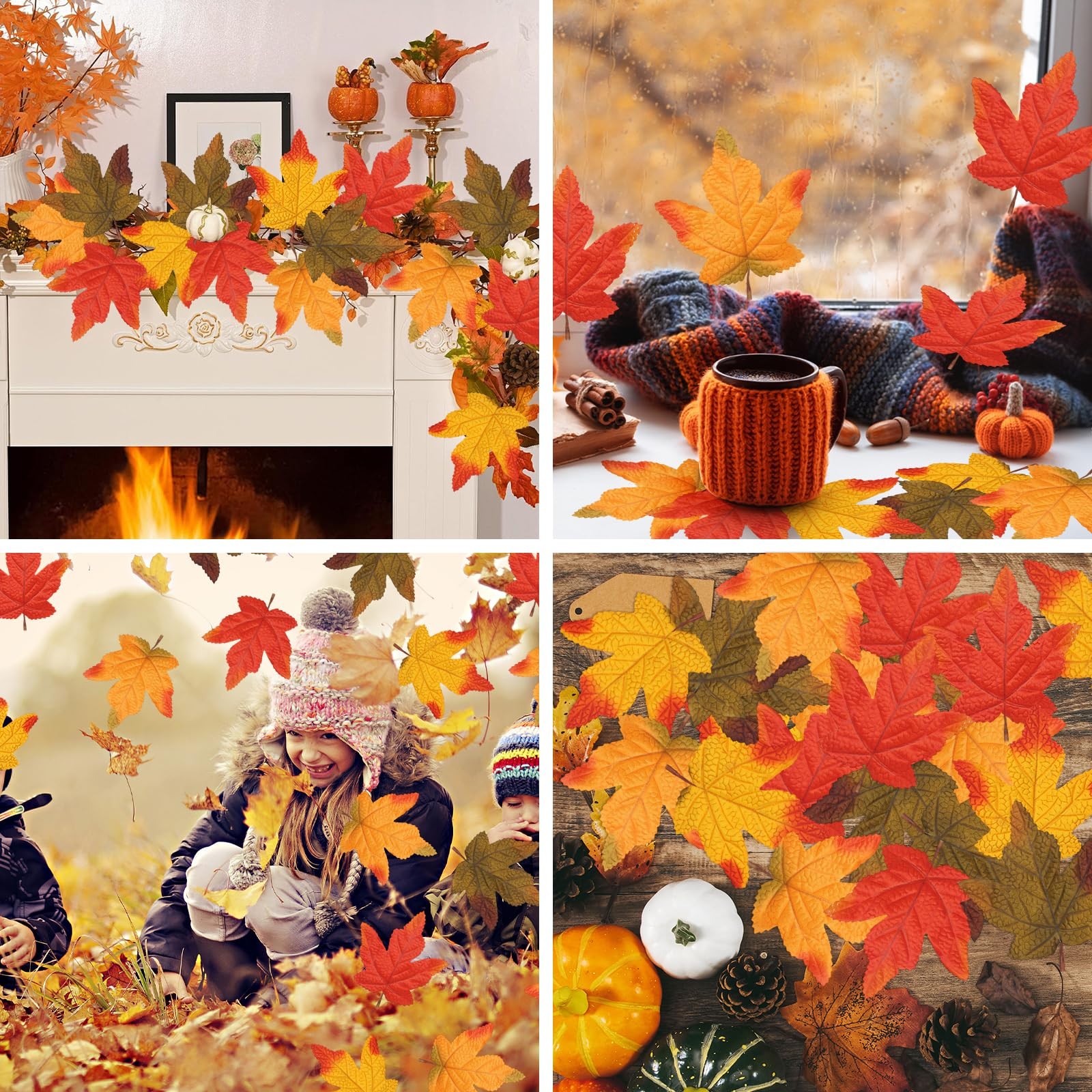 60PCS 4 Kinds Fall Artificial Maple Leaves Large Size Autumn Leaf Faux Bulk