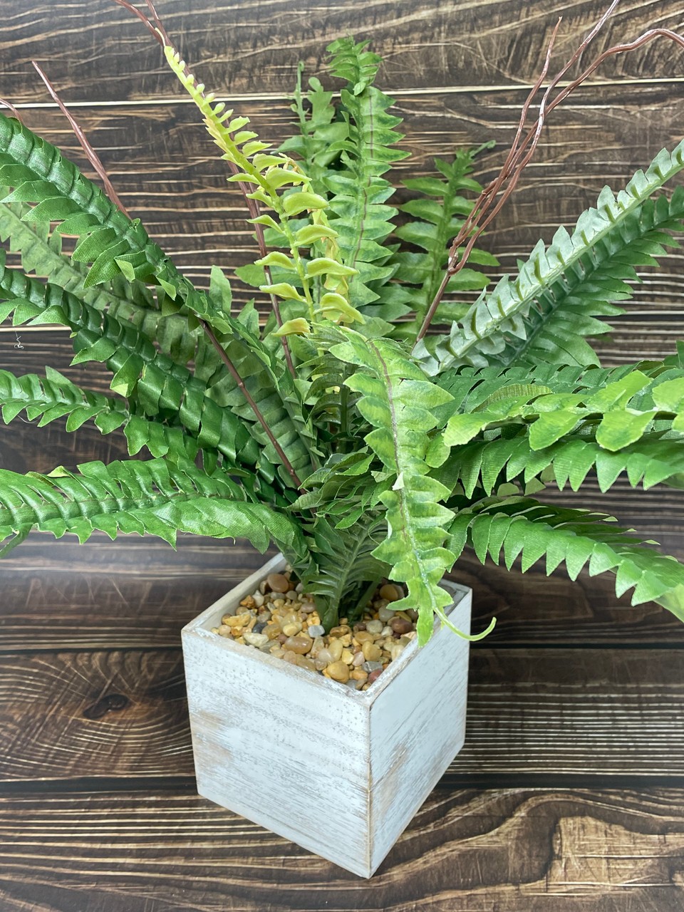 15″ Potted faux Boston Fern Silk plant in White wood box, handmade original by