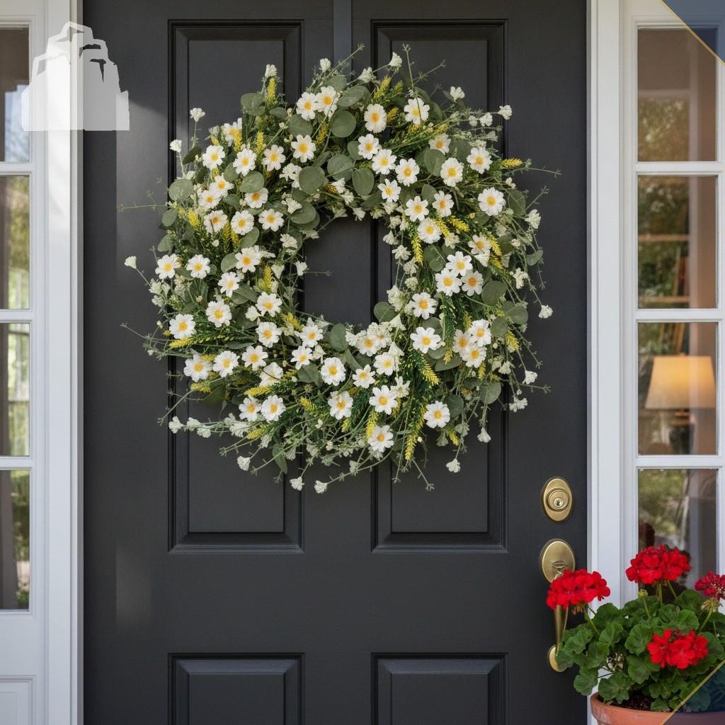 24 Inch White Daisy Wreath Silk Floral Eucalyptus Lavender Spring Decor