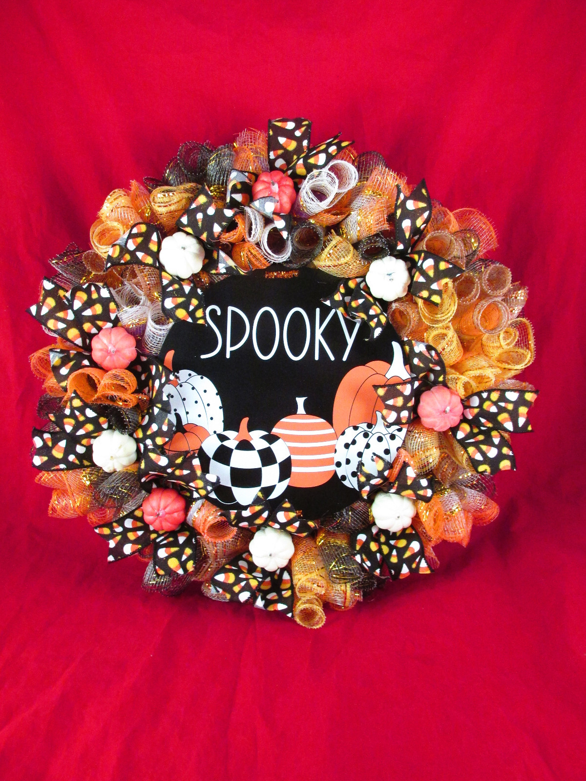 Woodland Cruffle Deco Mesh Halloween Candy Corn Ribbon Wreath