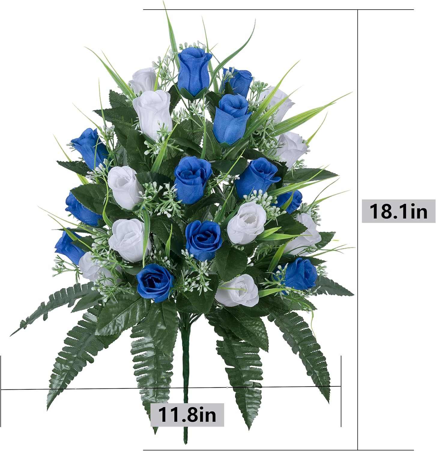 Elegant Artificial Cemetery Flowers with Vase – Lasting White & Dark Blue Bouque