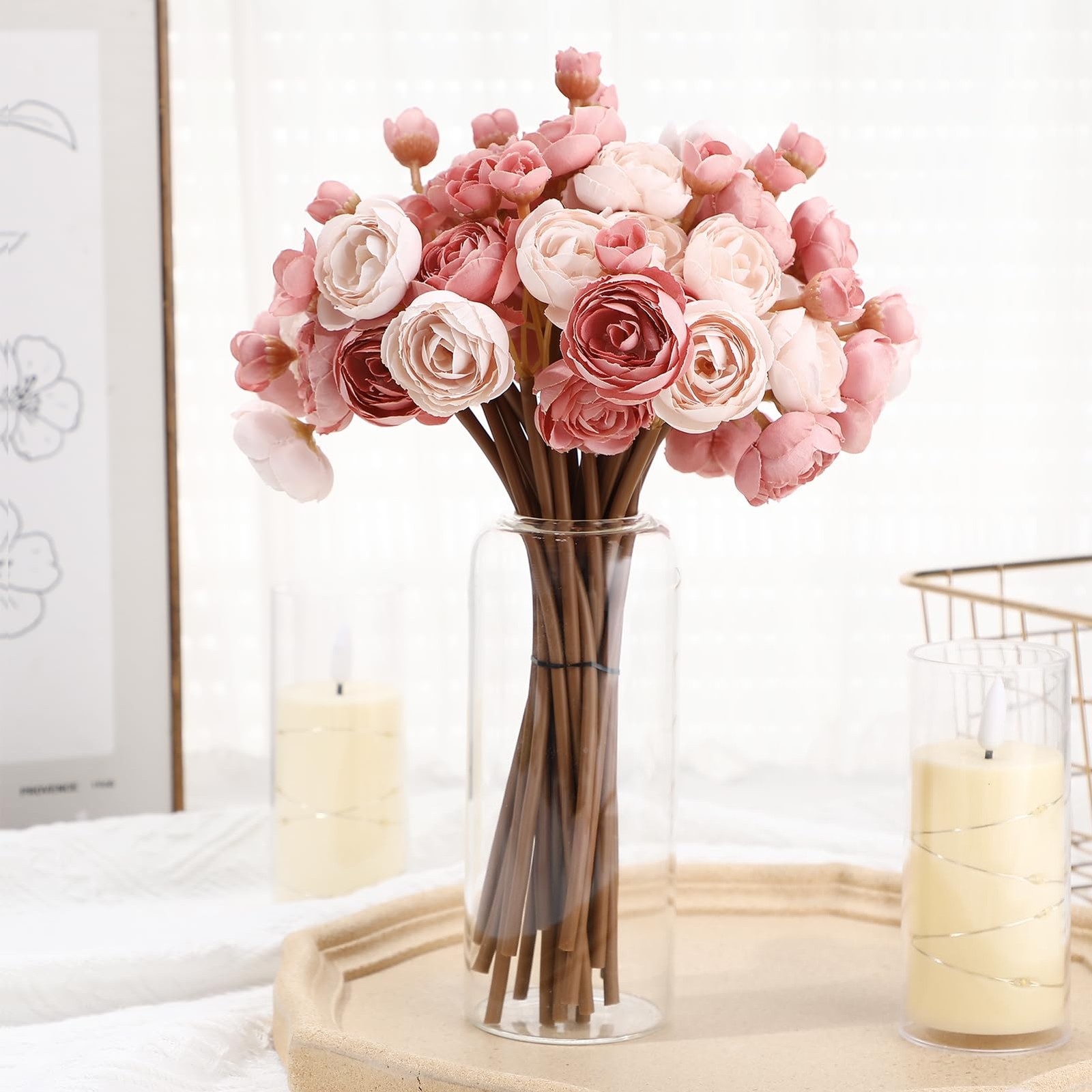 24 PCS Dusty Rose Silk Mini Ranunculus Artificial Wedding Filler Flowers Decor