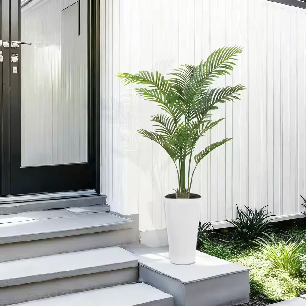 5 Ft Artificial Palm Tree White Pot with Real Bark Design Faux Areca Palm Tree f