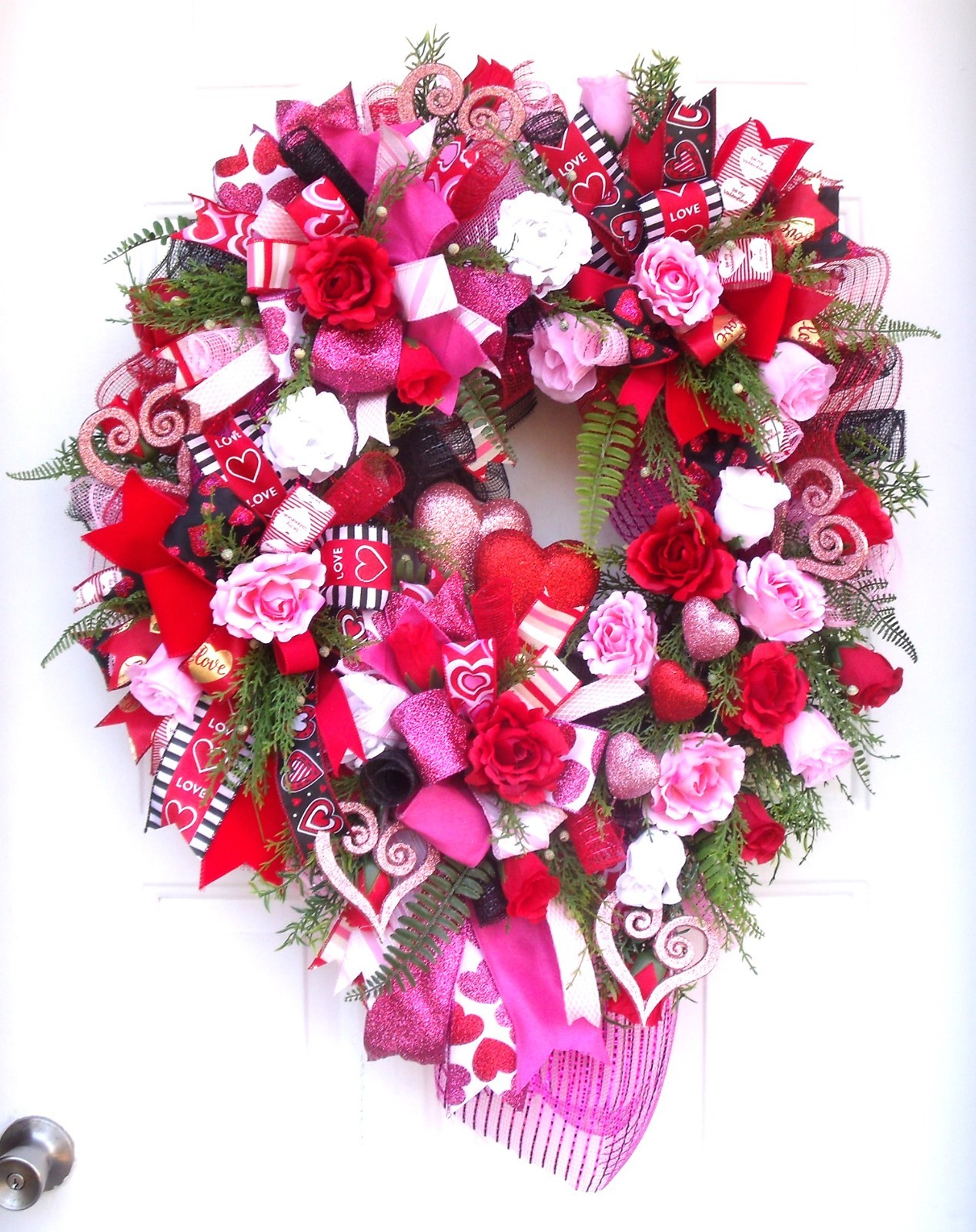 Valentine Ribbons & Roses Wreath-Hearts-Greenery, Reds/Pinks/White-Door or Wall