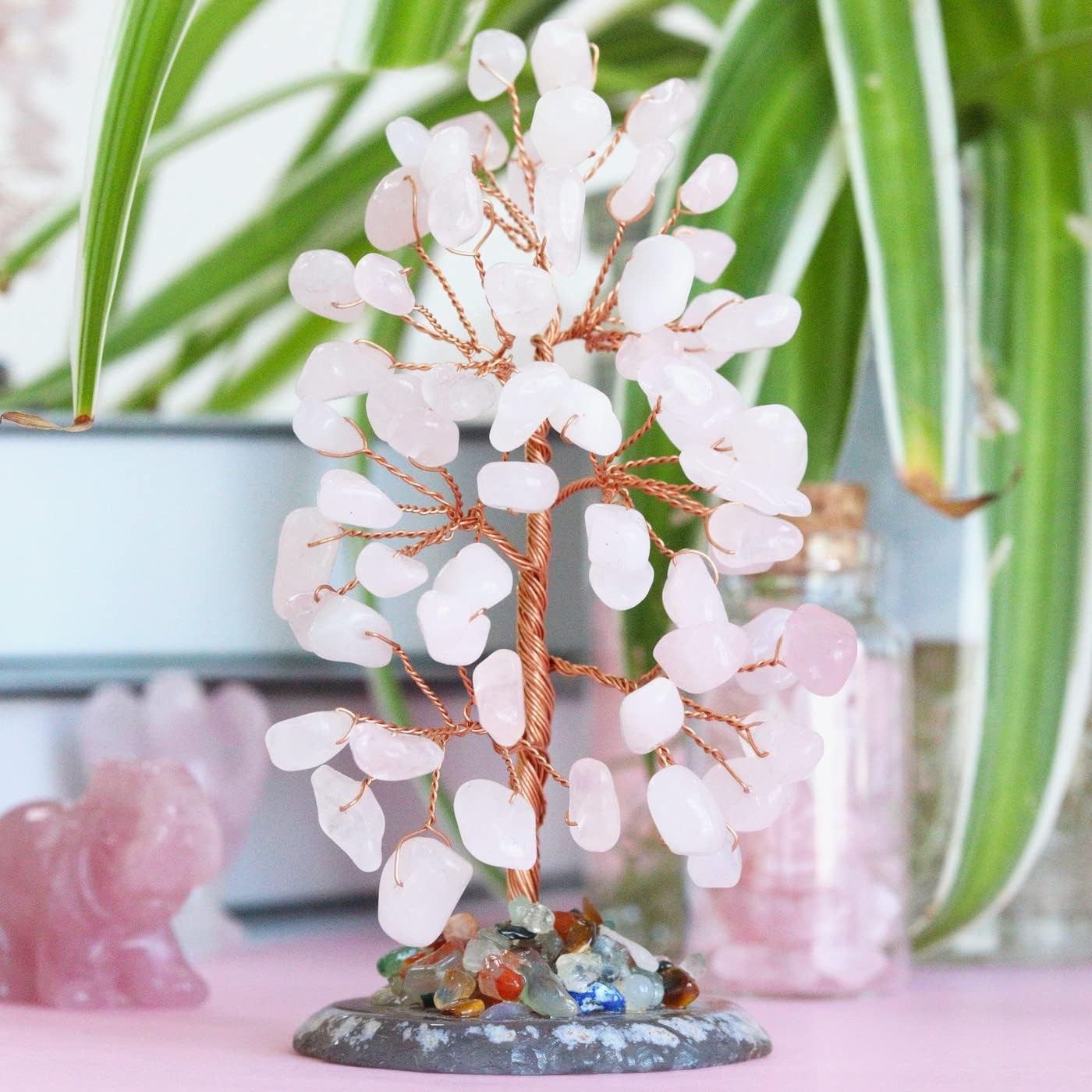 Rose Quartz Healing Crystal Tree of Life Natural Gemstone Pink-rose