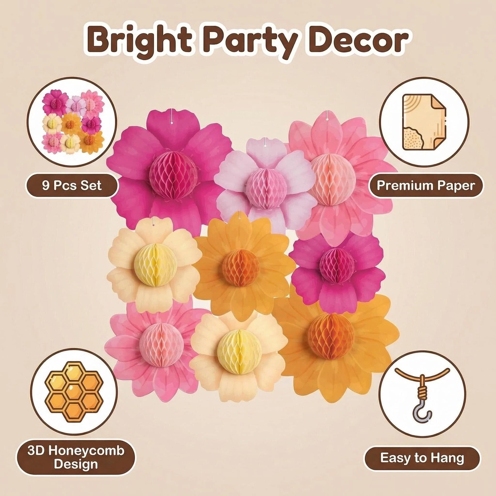 9 PCS Pastel Flower Party Decorations Honeycomb Fairy Flowers Spring Easter