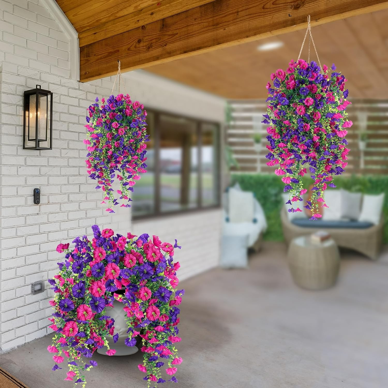 Lifelike Purple & Magenta Faux Hanging Flower Plants – Indoor & Outdoor Use