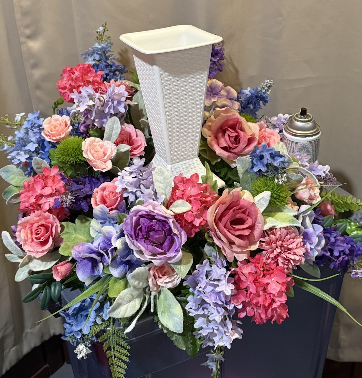 Floral Urn Ring Arrangement For Memorial Service 24” Round flowers Pinks, Blues