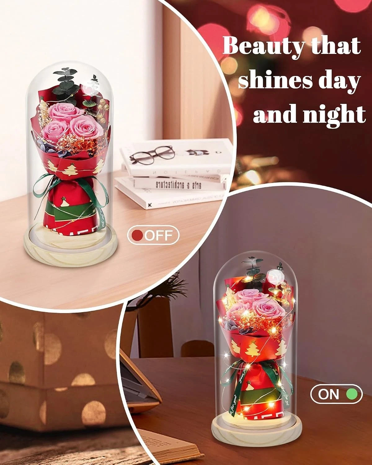 Preserved Flowers in Glass for Her,Pink Real Rose Bouquet with LED Light Eternal