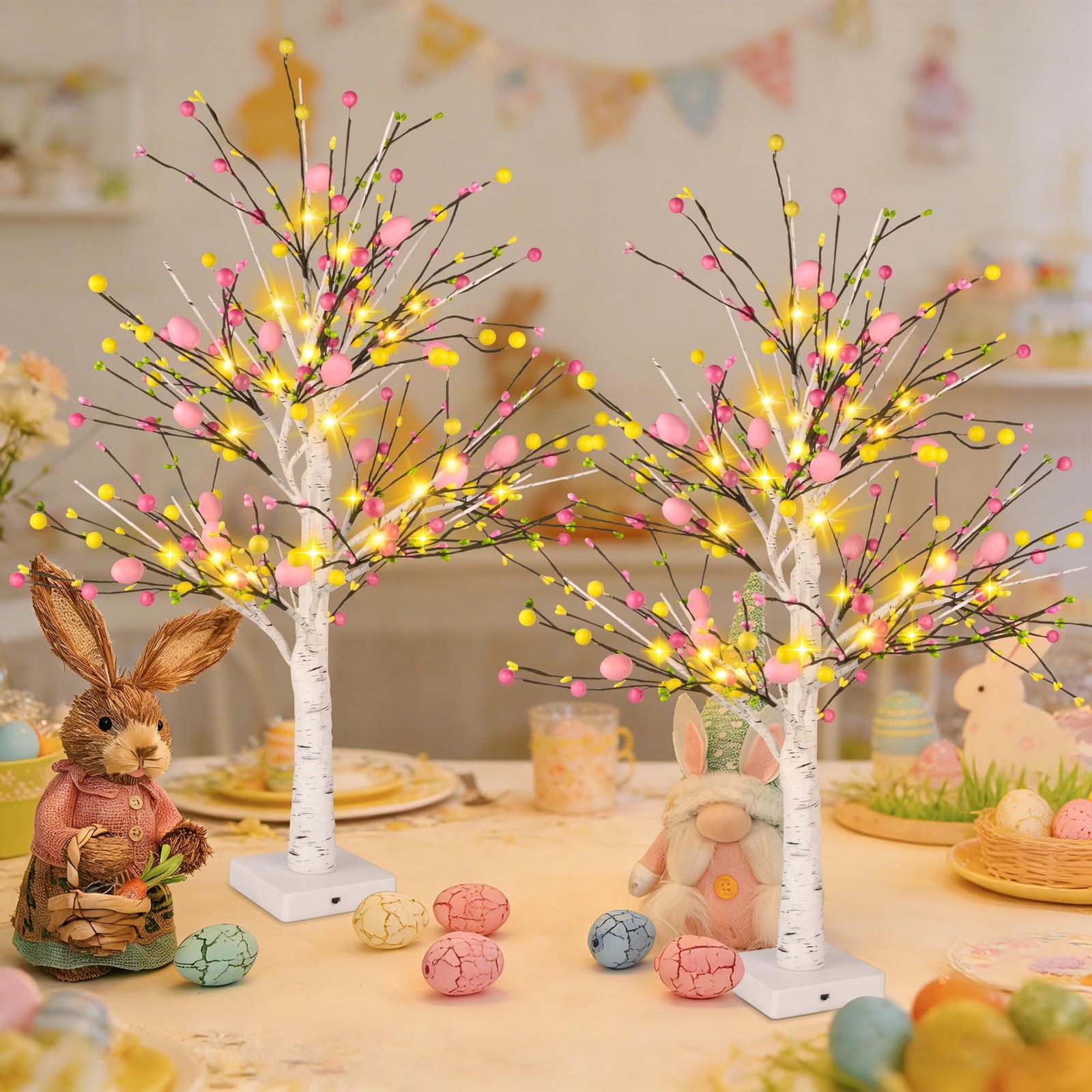Easter Decorations, 2 Pcs Pre-lit 24 Inch Easter Egg Tree with 24 LED Lights, Ba