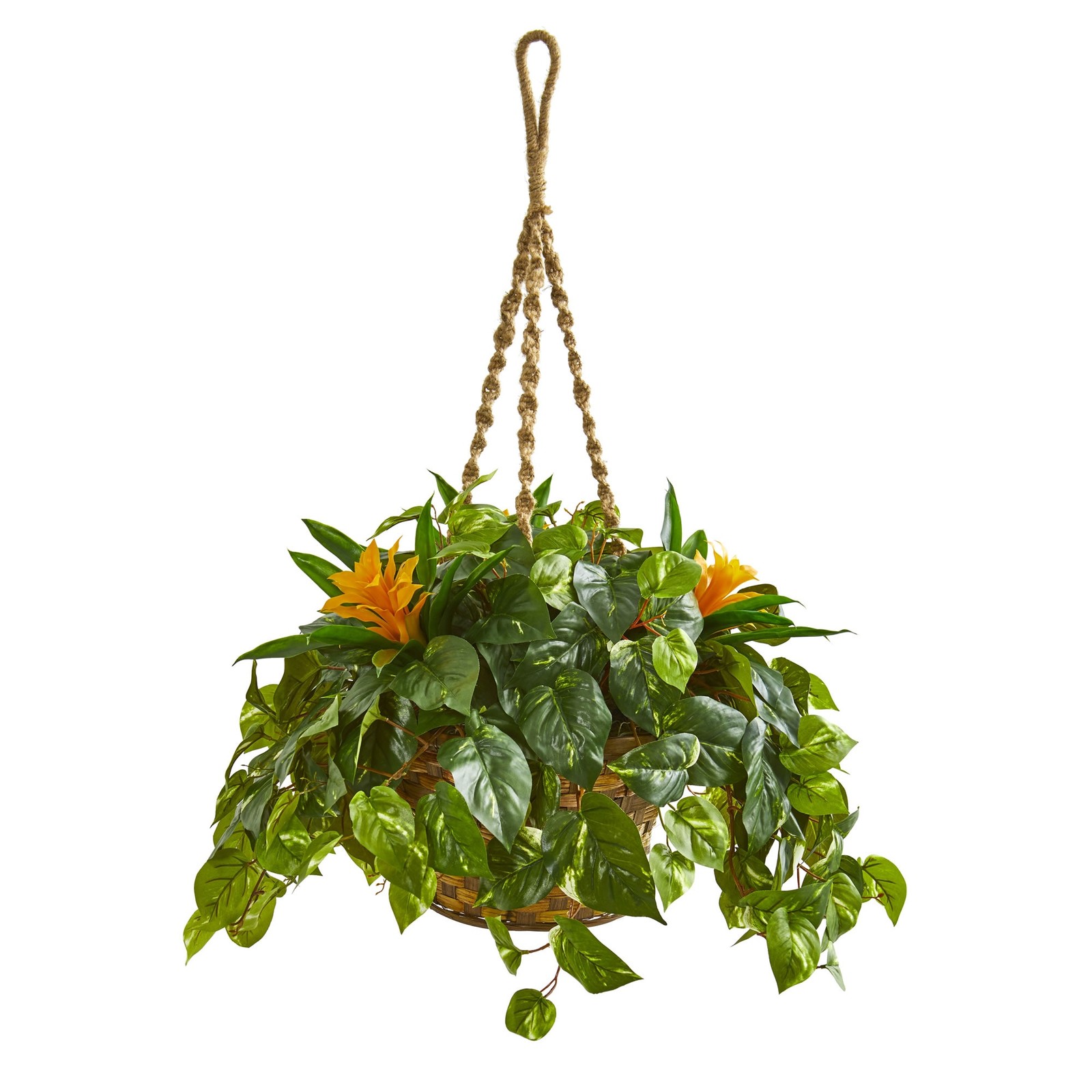 31 Inch Bromeliad and Pothos Artificial Plant Hanging Basket Green Decor