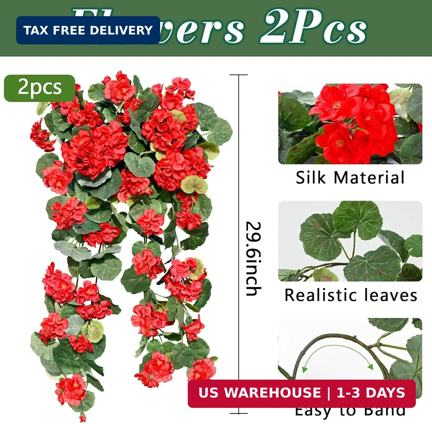 Artificial Fake Geraniums Flowers for Outdoors, 2Pcs UV Resistant Faux Hanging P