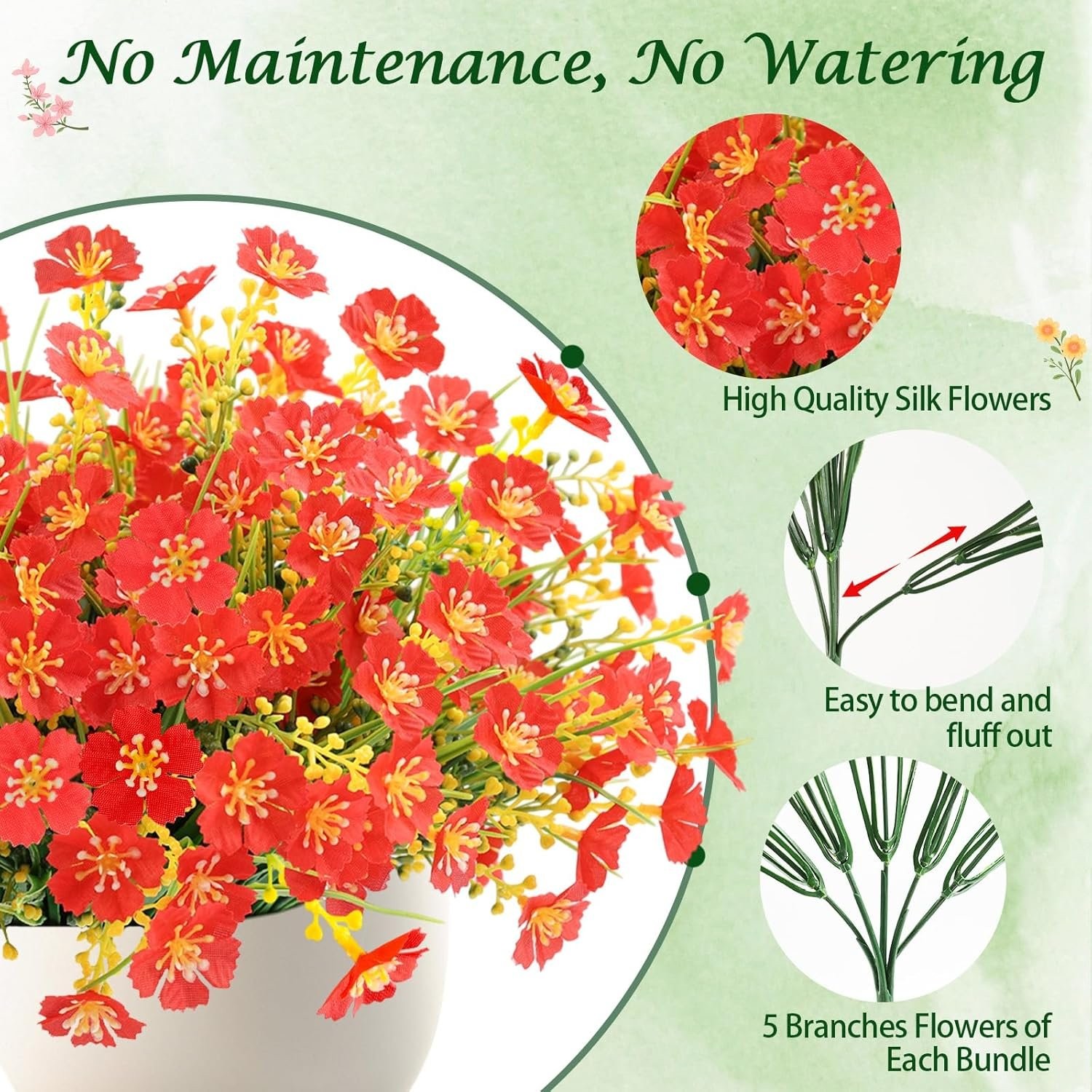 12 Bundles Red Artificial Flowers for Outdoor Garden Decor UV Resistant