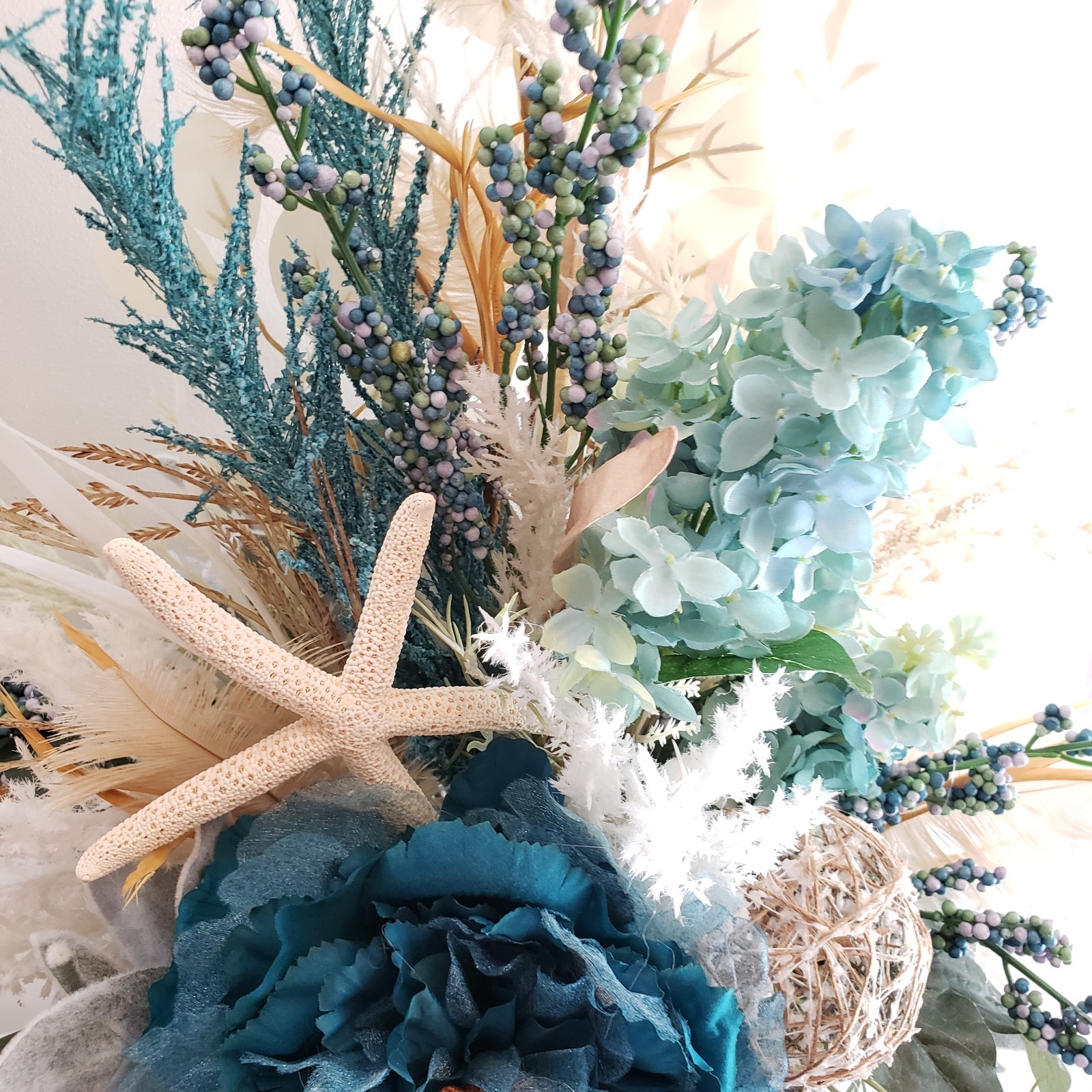 Coastal Blue Floral Arrangement, Beach House Decor with Starfish