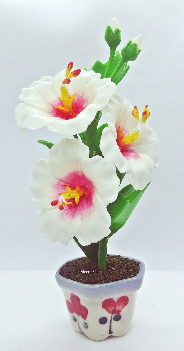 Handmade Clay crafted Miniature Hibiscus 5″H Arranged in Pot | US Stock