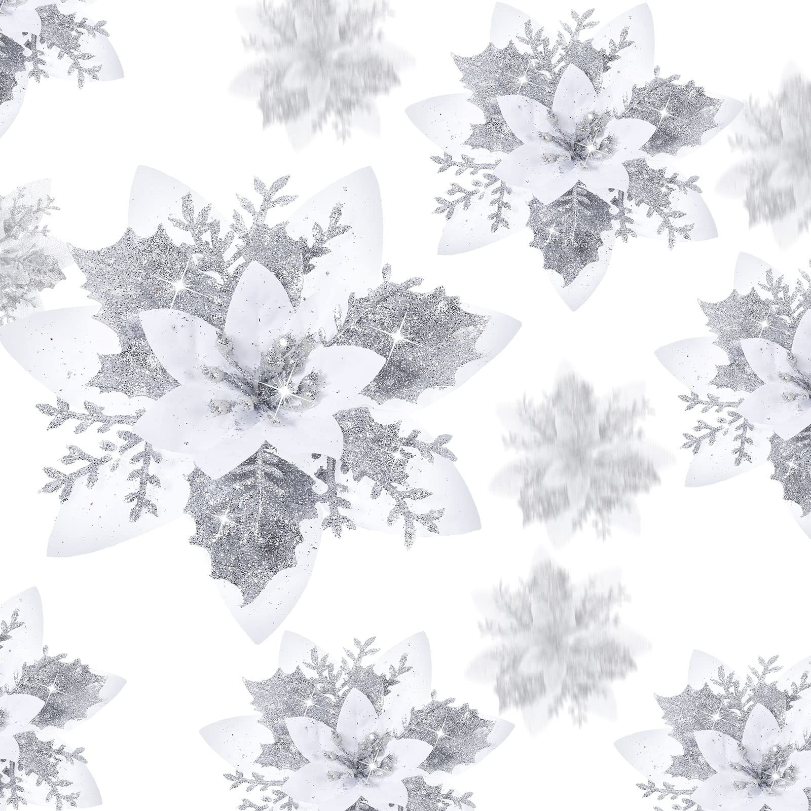 36 PCS Silver White Christmas Glitter Artificial Poinsettia Flowers 3 Sizes