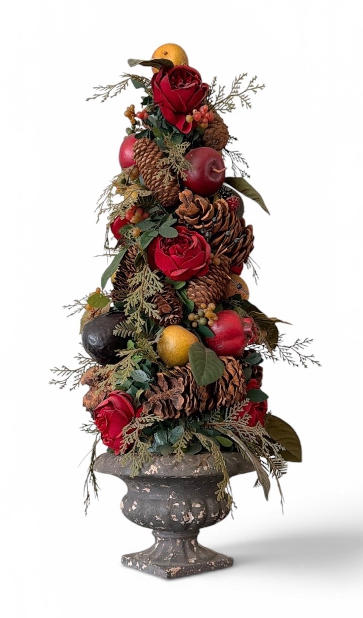 Large 26” European Style Holiday Urn Arrangement Pinecone Fruit Floral Cent. p